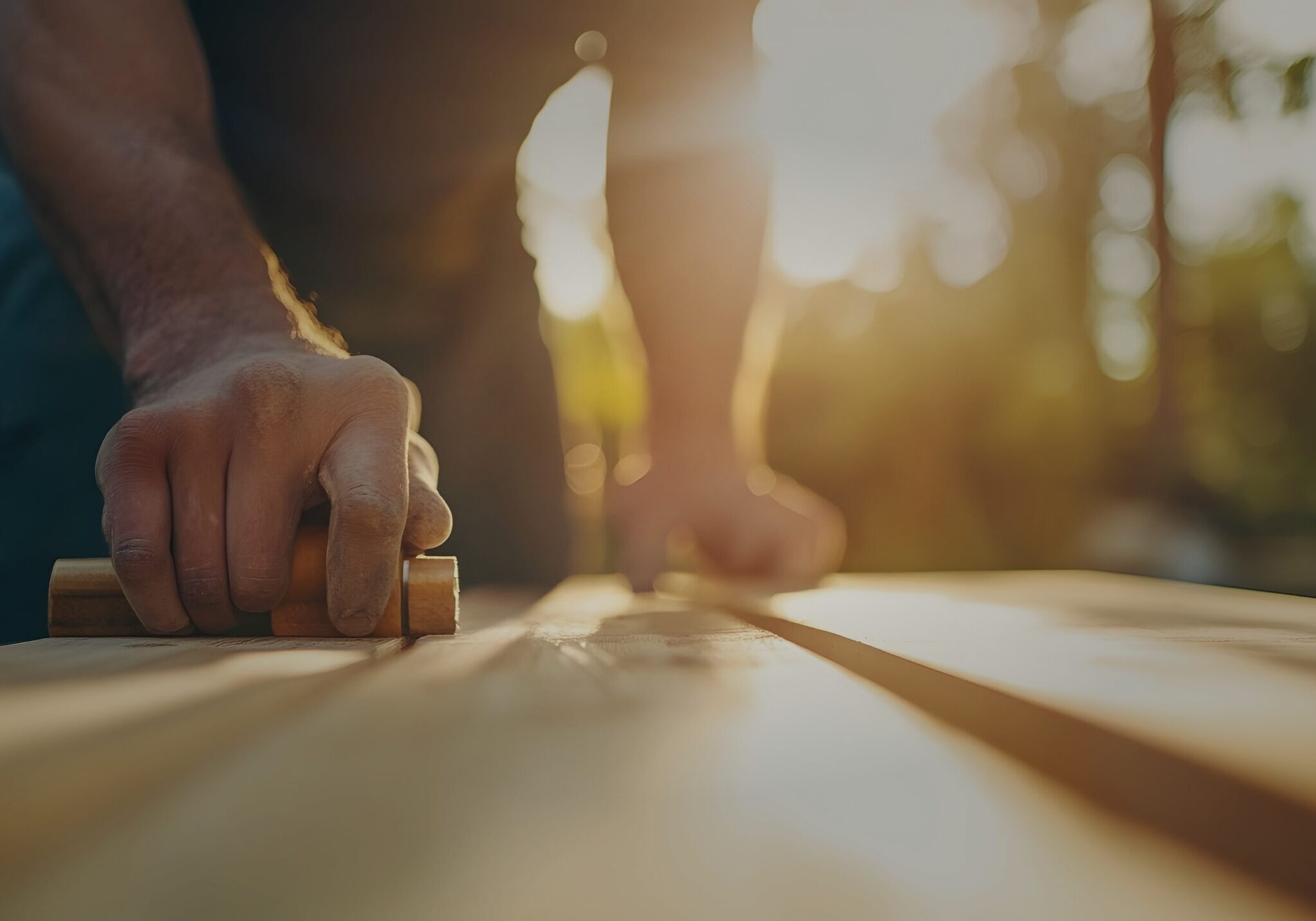 Carpenter hand-planing a wooden board