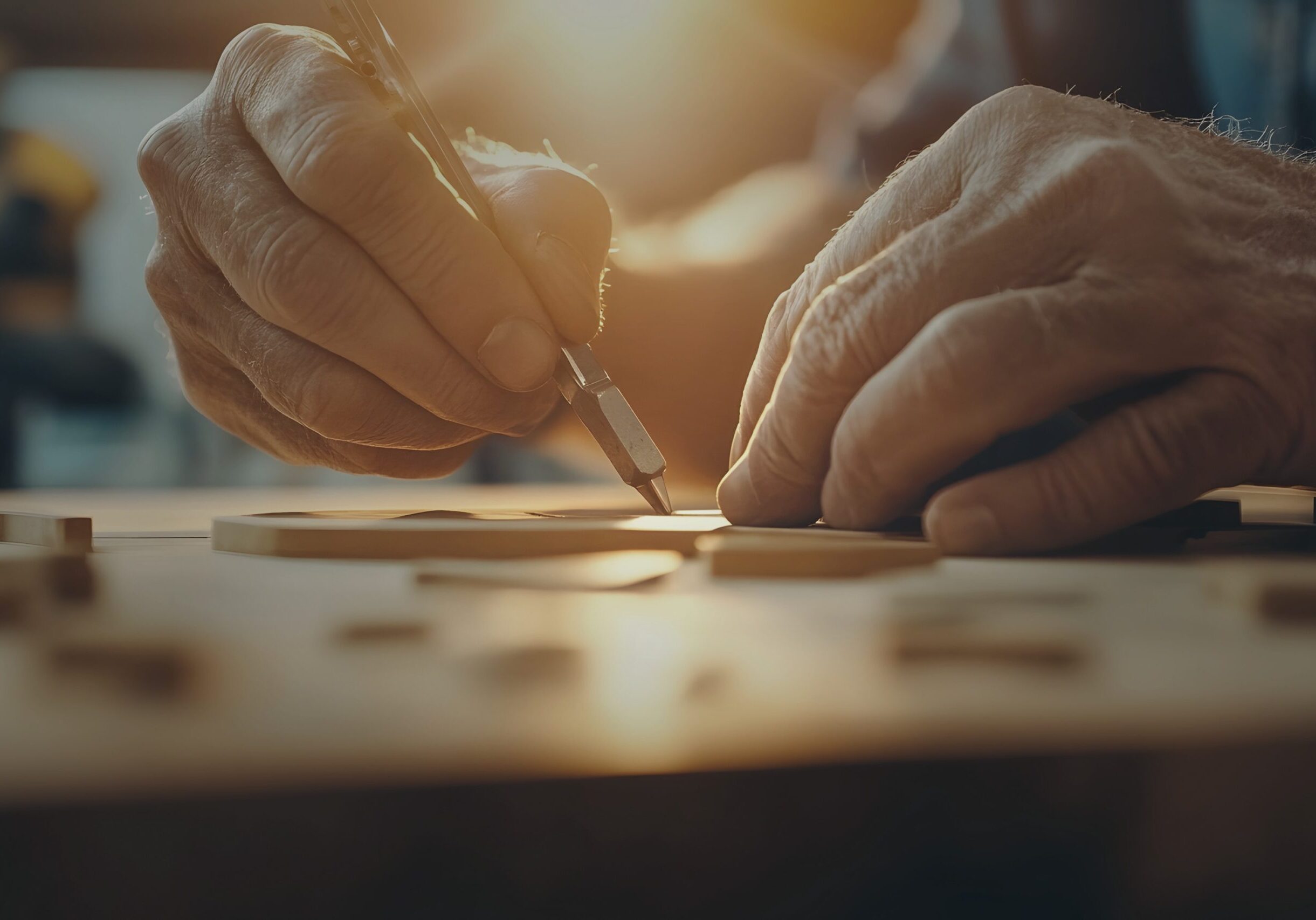 Woodworker carving a small wooden piece with a chisel