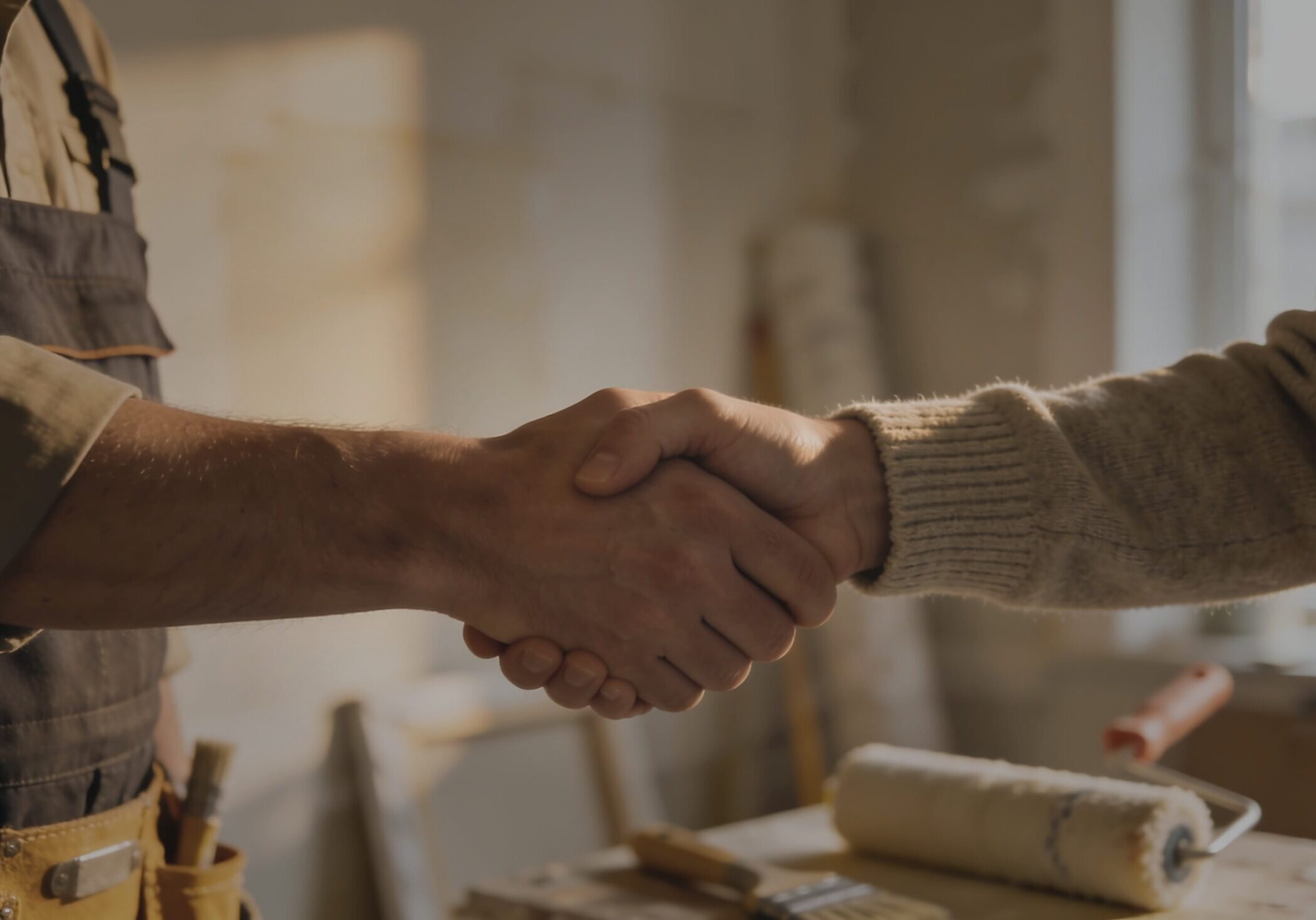 Contractor and homeowner shaking hands during a renovation